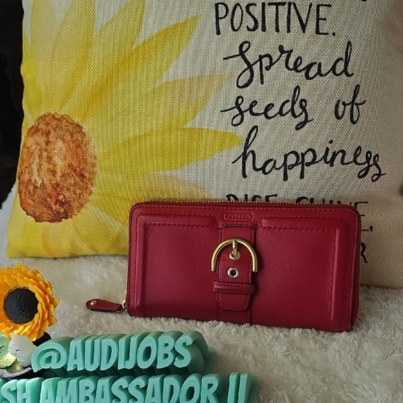 Coach Red Leather Zip Wallet with Gold Buckle - Picture 2 of 15